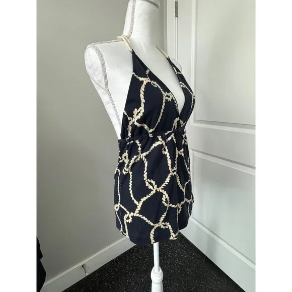 J.Crew Womens Navy & Beige Rope Print Halter Top With Deep V-Neckline - NWOT - Picture 6 of 16